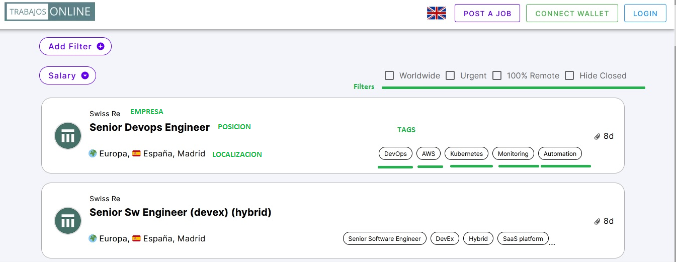 Busqueda de ofertas de empleo mediante filtros