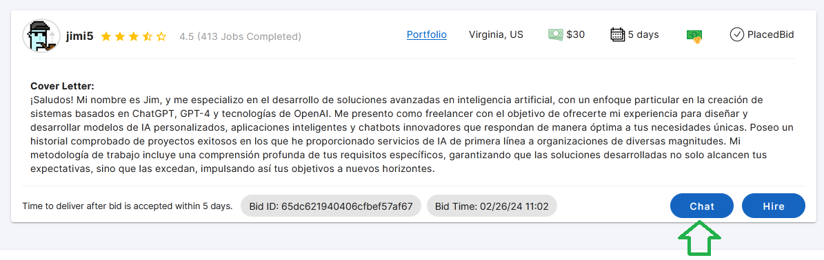 Como abrir la extensión del chat para comunicar con el Freelancer