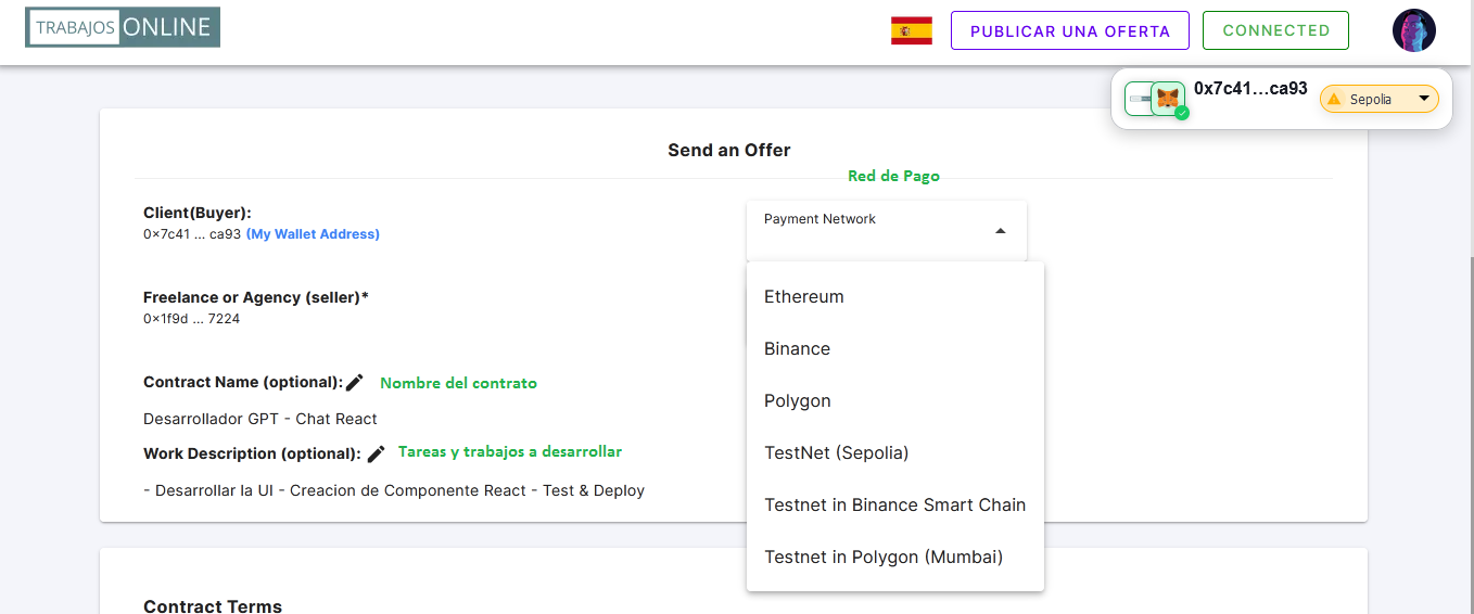 Plantilla para el envio de una oferta al Freelancer