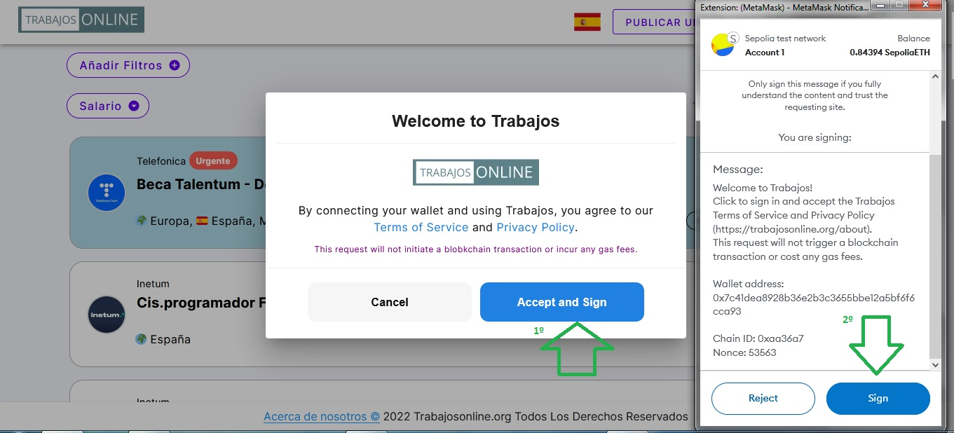 Aceptar y firmar con nuestra wallet